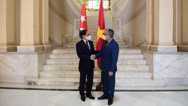 Vietnamese Minister of Foreign Affairs Bui Thanh Son (L) and Cuban Acting Minister of Foreign Affairs Marcelino Medina in Havana on September 19. (Photo: VNA)