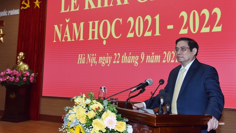 Prime Minister Pham Minh Chinh speaking at the National Defence Academy (Photo: Tran Hai)