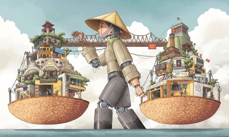 The digital painting themed ‘Ha Noi rong’ (Hanoi’s street vendors) by Dang Thai Tuan wins first prize at the “Ha Noi is…” Illustration Contest.