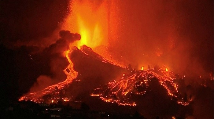 Rivers of lava raced down the volcano and exploded high into the air overnight on the Spanish island of La Palma and the airport was closed as an eruption intensified and entered its most explosive phase so far.