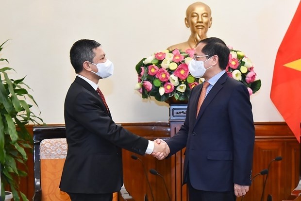 Minister of Foreign Affairs Bui Thanh Son (R) welcomes Indonesian Ambassador to Vietnam Denny Abdi on October 11. (Source: VNA)