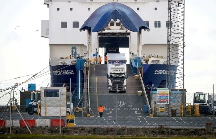 Lorries leave a ferry at the Port of Larne, Northern Ireland Britain January 1, 2021. (File Photo: Reuters)