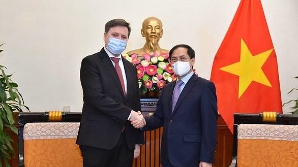 Vietnamese Foreign Minister Bui Thanh Son (R) and Polish Ambassador to Vietnam Wojciech Gerwel. (Photo: Foreign Ministry) 