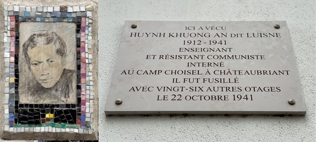 Photo and plaque in honour of Huynh Khuong An in building No.6, Porte Brancion avenue (Photo: VNA)