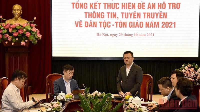 Editor-in-Chief of Nhan Dan Newspaper Le Quoc Minh speaking at the workshop. (Photo: MINH DUY)