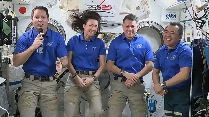 Astronauts (from left) Thomas Pesquet, Megan McArthur, Shane Kimbrough and Akihiko Hoshide talk to journalists on Earth before their return to Earth aboard the SpaceX Crew Dragon Endeavour. (Credit: NASA)