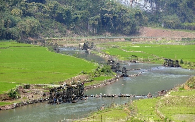The waterwheels play an important role in irrigating rice during the growing season.