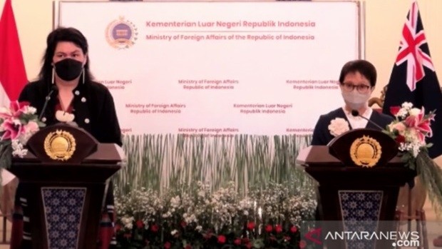 A screenshot of Indonesian Foreign Minister Retno Marsudi and New Zealand Foreign Minister Nanaia Mahuta at a virtual press briefing following a bilateral meeting in Jakarta on November 15. (Photo: ANTARA)