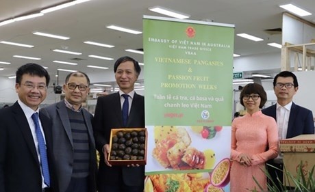 Vietnamese Ambassador to Australia Nguyen Tat Thanh holds a box of passion fruit at the launch of Vietnamese pangasius and fruit promotion weeks. (Photo: VNA)