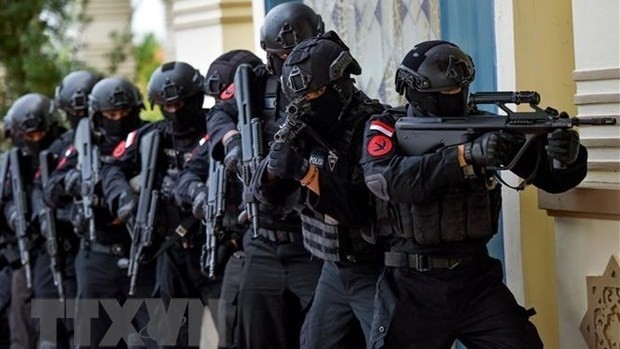 Police in an anti-terrorism drill in Jantho city of Indonesia's Aceh province (Photo: AFP/VNA)