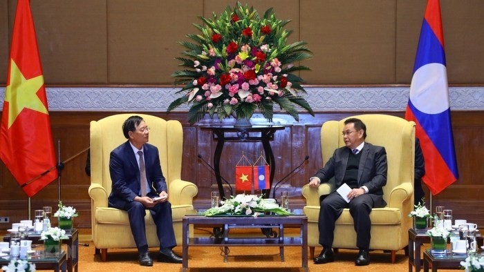 President of the Vietnam-Laos Friendship Association Central Committee Tran Van Tuy (L) and Lao National Assembly President Saysomphone Phomvihane at the meeting (Photo: VNA)
