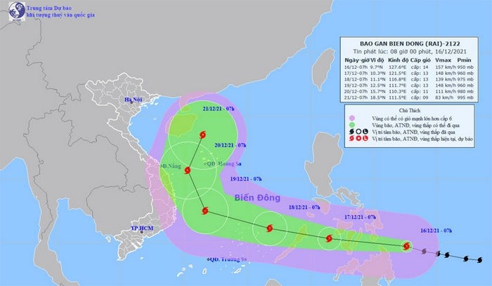 The position and direction of storm Rai at 8am on December 16. (Photo: nchmf.gov.vn)