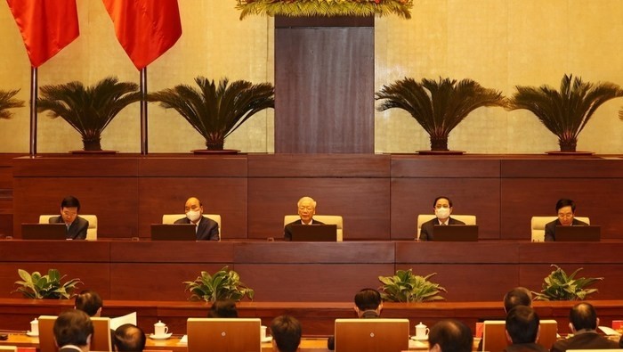Party General Secretary Nguyen Phu Trong (middle) and other Party, State and Government leaders chair the National Conference on Foreign Affairs. (Photo: VNA)