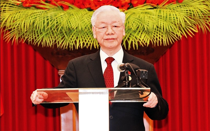 Party General Secretary Nguyen Phu Trong speaks at the Lenin Prize presentation ceremony in Hanoi.