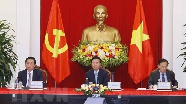 Permanent member of the CPV Central Committee’s Secretariat Vo Van Thuong (middle) speaks at the event (Photo: VNA)