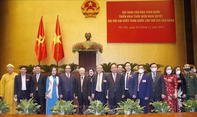 Party General Secretary Nguyen Phu Trong and delegates at the opening ceremony of the National Cultural Conference in Hanoi on November 24 (Photo: VNA)
