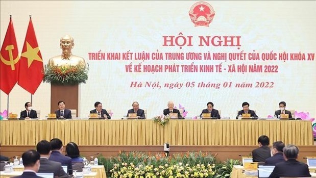 The conference between the Government and localities held on January 5 to discuss the implementation of the Party Central Committee's conclusion and the National Assembly's resolution on the 2022 socio-economic plan. (Photo: VNA)