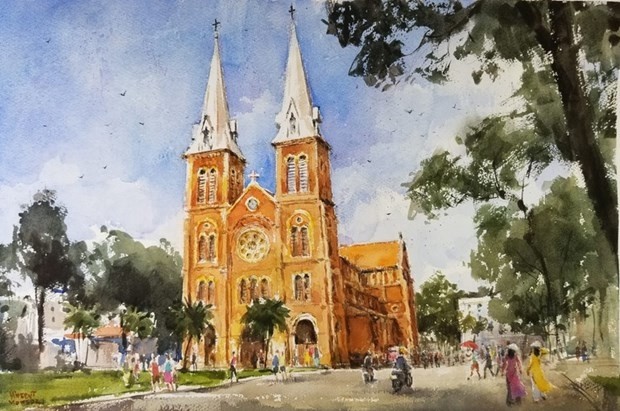 A painting on Notre-Dame Cathedral Basilica of Saigon in Ho Chi Minh City by Vincent Monluc, which is on display at the exhibition "Dream." (Photo: dantri.com.vn)