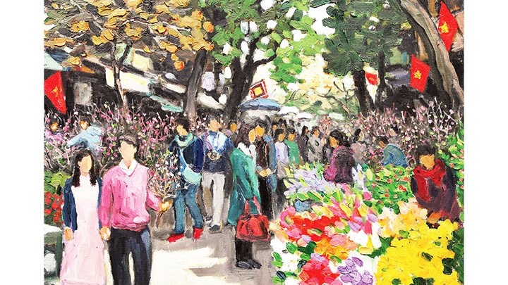 Tet flower market. (Painter PHAM LAU)