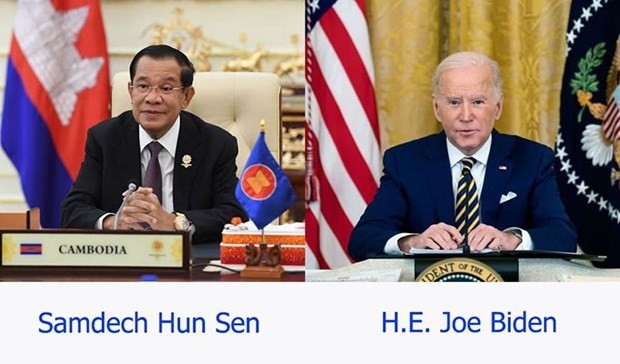 Cambodian Prime Minister Samdech Techo Hun Sen and US President Joe Biden (Photo: Khmertimeskh.com/VNA)