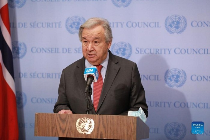 United Nations Secretary-General Antonio Guterres speaks to the press at the UN headquarters in New York, on Feb. 24, 2022. (Photo: Xinhua)