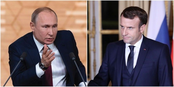 Xinhua file photos of Russian President Vladimir Putin and French President Emmanuel Macron.