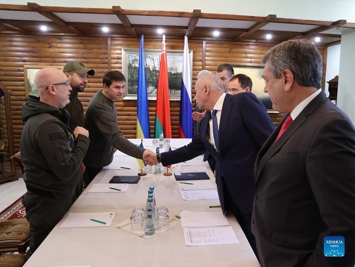 Photo taken on March 3, 2022 shows a view of the second round of talks between Russian and Ukrainian delegations at the Belovezhskaya Pushcha on the Belarus-Poland border. (Source: Belta news agency via Xinhua)