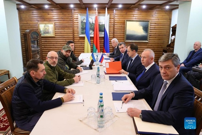 Photo taken on March 7, 2022 shows a view of the third round of talks between Russian and Ukrainian delegations at the Belovezhskaya Pushcha. (Source: Belta news agency via Xinhua)