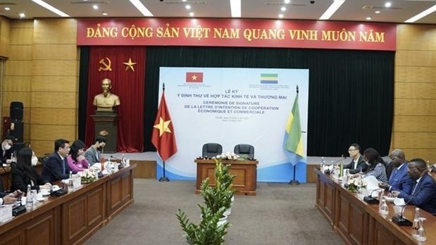 The meeting between Vietnamese Minister of Industry and Trade Nguyen Hong Dien and Gabonese Minister of Trade Yves Fernand Manfoumbi in Hanoi on March 23. (Photo: VNA)