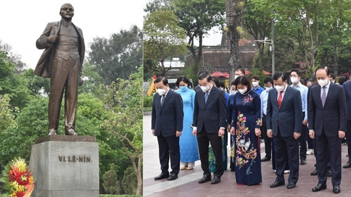 Hanoi leaders pay tribute to Vladimir Ilyich Lenin at his statue in Ba Dinh district. (Photo: NDO)