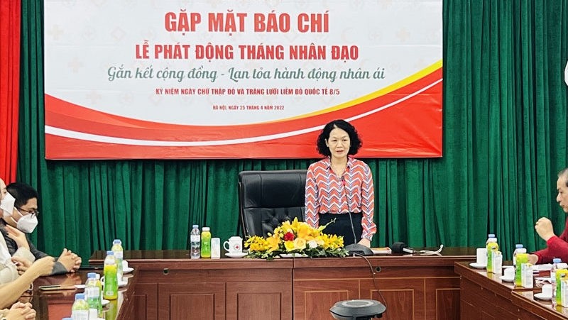 President of the Vietnam Red Cross Society Bui Thi Hoa speaking at the press brief