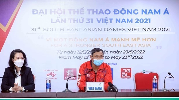 Head coach of Vietnam Mai Duc Chung speaks at the press conference. (Photo: VNA)