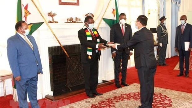 Vietnamese Ambassador to South Africa and Zimbabwe Hoang Van Loi presents his letter of credentials to President Emmerson Mnangagwa (Photo: VNA)