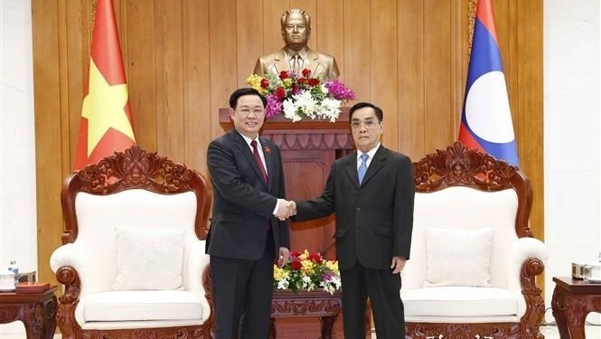 National Assembly Chairman Vuong Dinh Hue and former Lao Prime Minister and former Lao National Assembly Chairman Thongsing Thammavong (Photo: VNA)