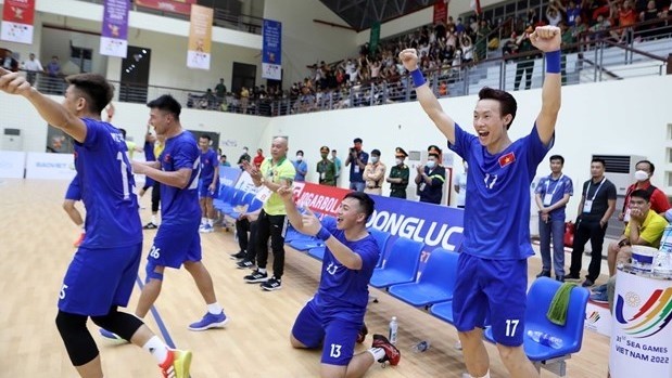 Vietnamese players cheer for their victory (Photo: VNA)