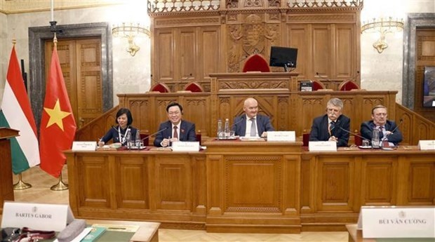NA Chairman Vuong Dinh Hue (second, left) and his Hungarian counterpart László Kövér (second, right) co-chair the legislative conference in Budapest on June 27. (Photo: VNA)