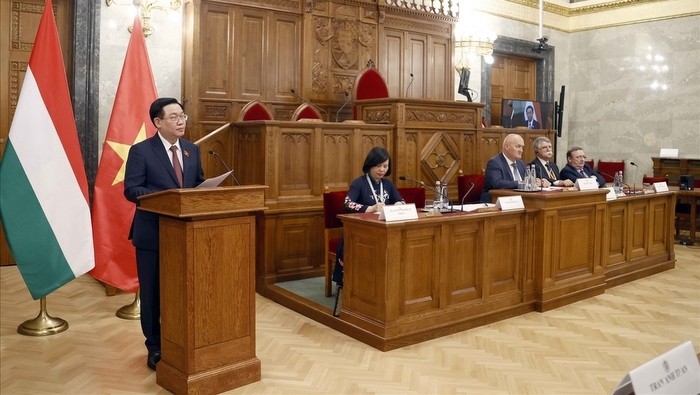 NA Chairman Vuong Dinh Hue speaks at the legislative conference between Vietnam and Hungary. (Photo: baodantoc.vn)