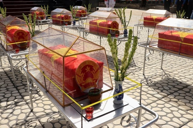 The remains of 42 Vietnamese volunteer soldiers and experts are reburied at the Vinh Hung - Tan Hung martyrs cemetery in Vinh Hung district (Photo: VNA)