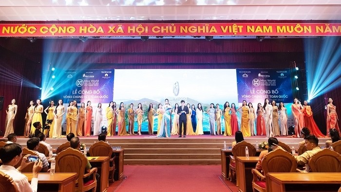 The contestants at the conference to announce the final round of Miss World 2022 (Photo: baodantoc.vn)