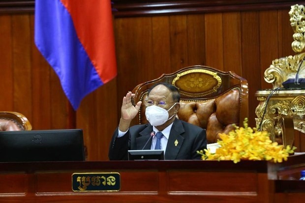 National Assembly president Heng Samrin at the vote for constitutional amendments on July 28, 2022. (Prime Minister Hun Sen’s Facebook page)