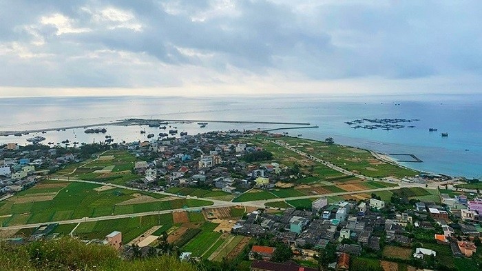 An aerial view of Ly Son island seen from Thoi Loi peak. 