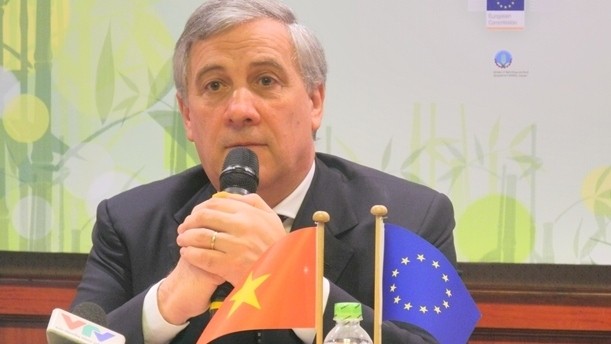 EC Vice President Antonio Tajani speaking at the press brief