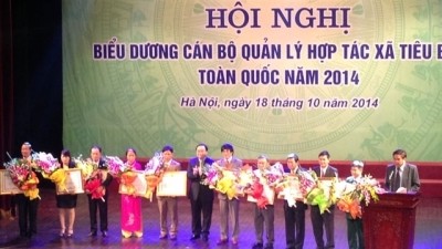 Deputy PM Hoang Trung Hai presents PM Nguyen Tan Dung's certifictes of merit to 10 outstanding cooperative managers. 