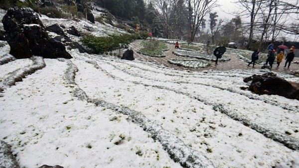 The resort town of Sapa is covered with snow.