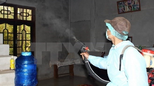 A health worker is spraying chemicals to eliminate mosquitoes and larvae. (Credit: VNA)
