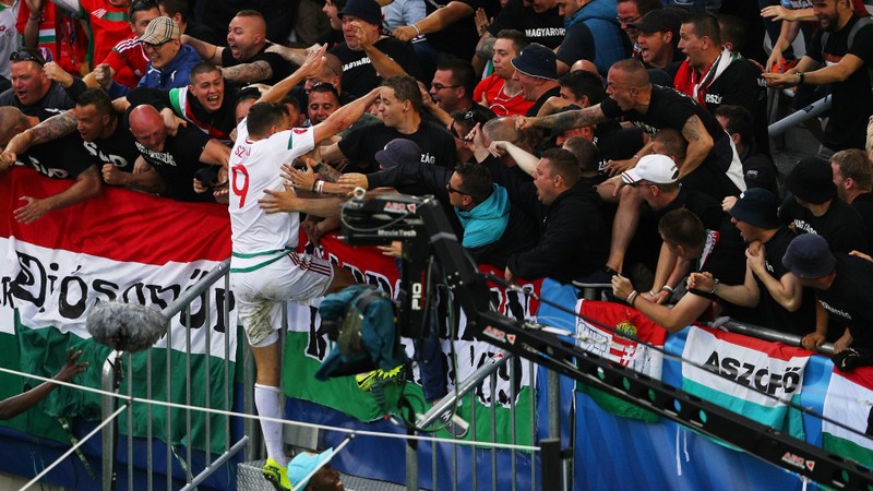 Adam Szalai celebrates his opening goal with Hungarian supporters. (Photo: Goal)