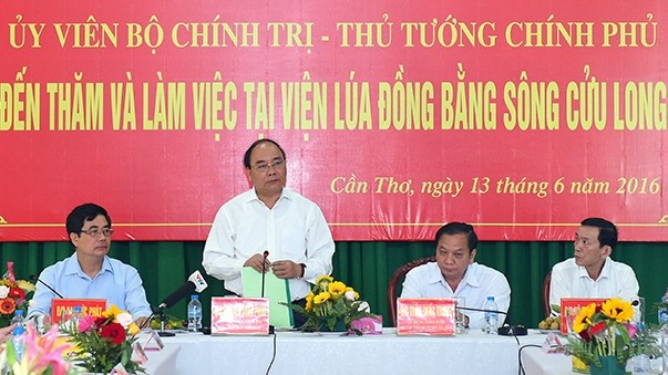 Prime Minister Nguyen Xuan Phuc works with officials from the Cuu Long Delta Rice Research Institute. (Credit: VGP)
