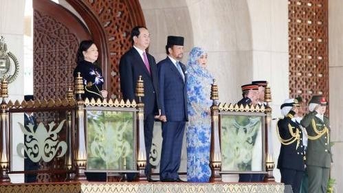 President Tran Dai Quang is welcomed by the Bruneian sultan.