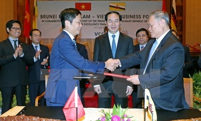 President Tran Dai Quang (C) witnessed the signing of a memorandum of understanding between Brunei Ministry of Foreign Affairs and Trade and Vietnam Ministry of Industry and Trade (Photo: VNA)
