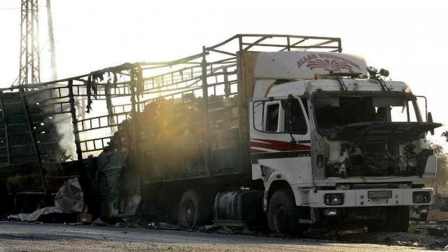 A UN humanitarian aid convoy in Syria was hit Monday as the Syrian military declared that a US-Russian brokered ceasefire had failed. (Credit: AP)